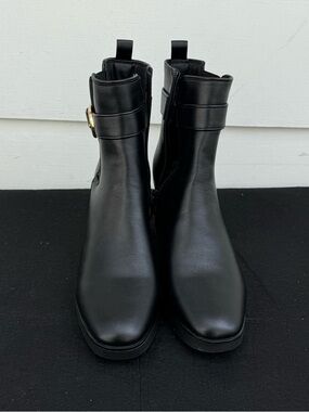 Black Leather Ankle Boots with Gold Buckle